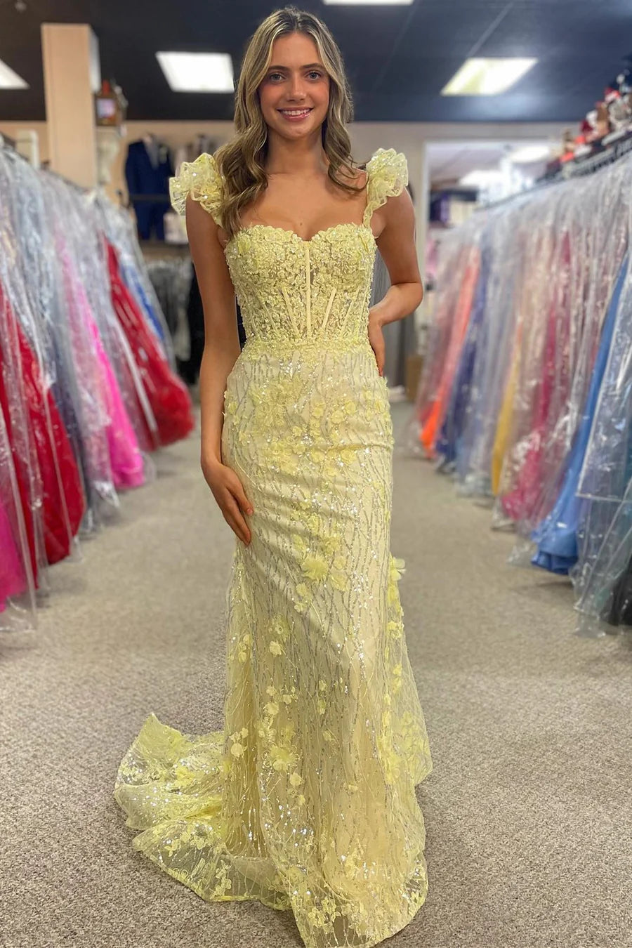 Decal Sweetheart Elegant Sleeves Mermaid Long Ball Dress