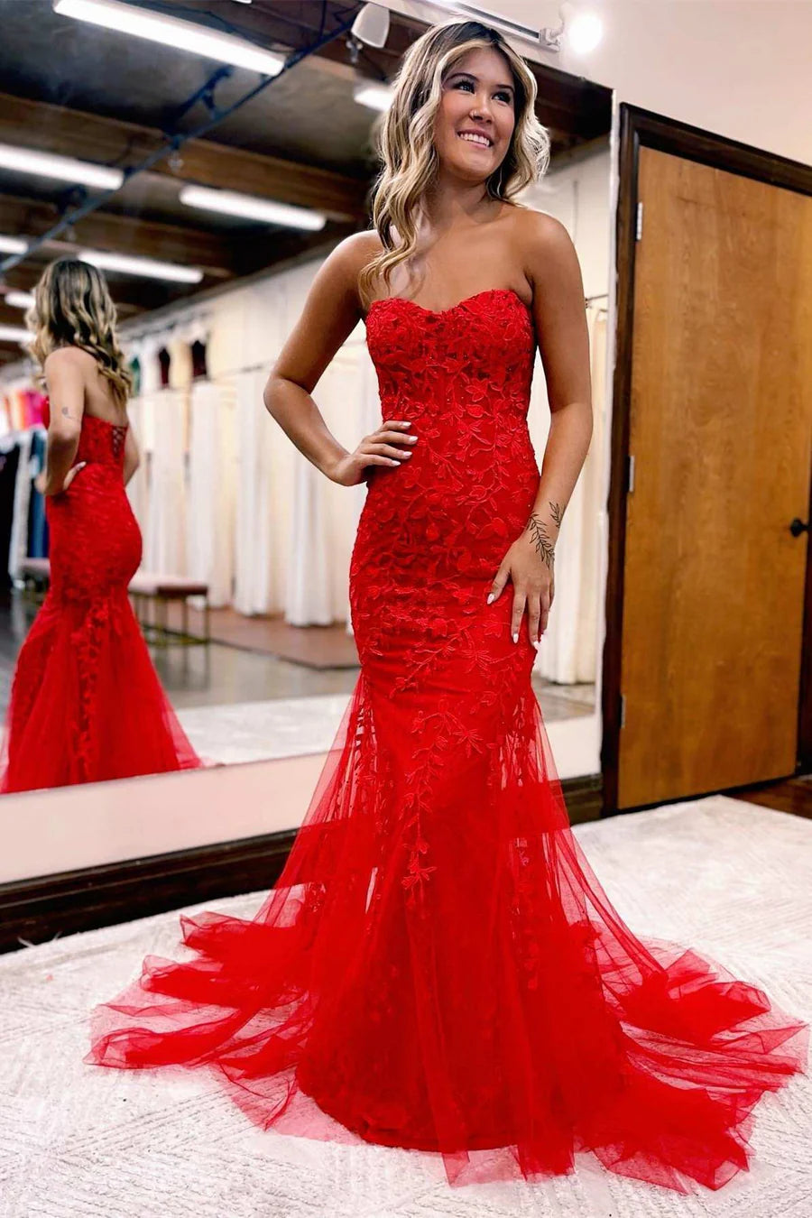 Decal Sweetheart Lace Long Ball Dress
