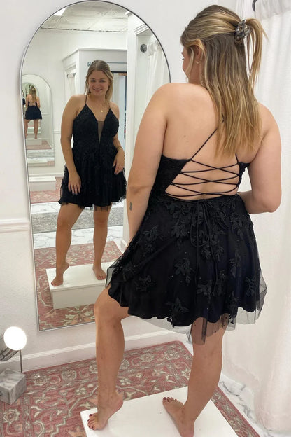 Decal deep V-strap backless A-line return to school dress