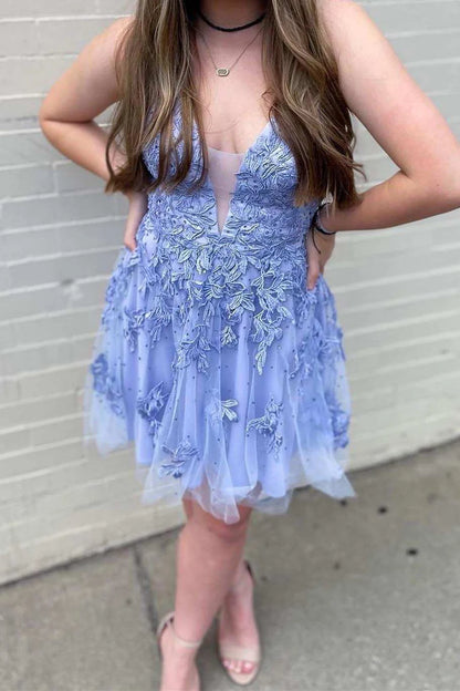 Decal deep V-strap backless A-line return to school dress
