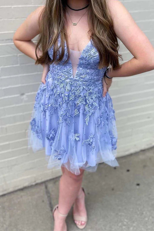 Decal deep V-strap backless A-line return to school dress