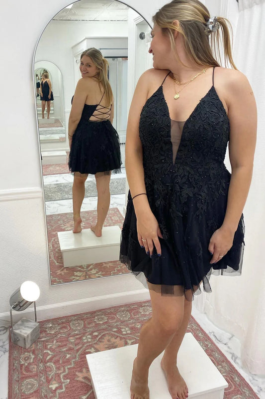 Decal deep V-strap backless A-line return to school dress