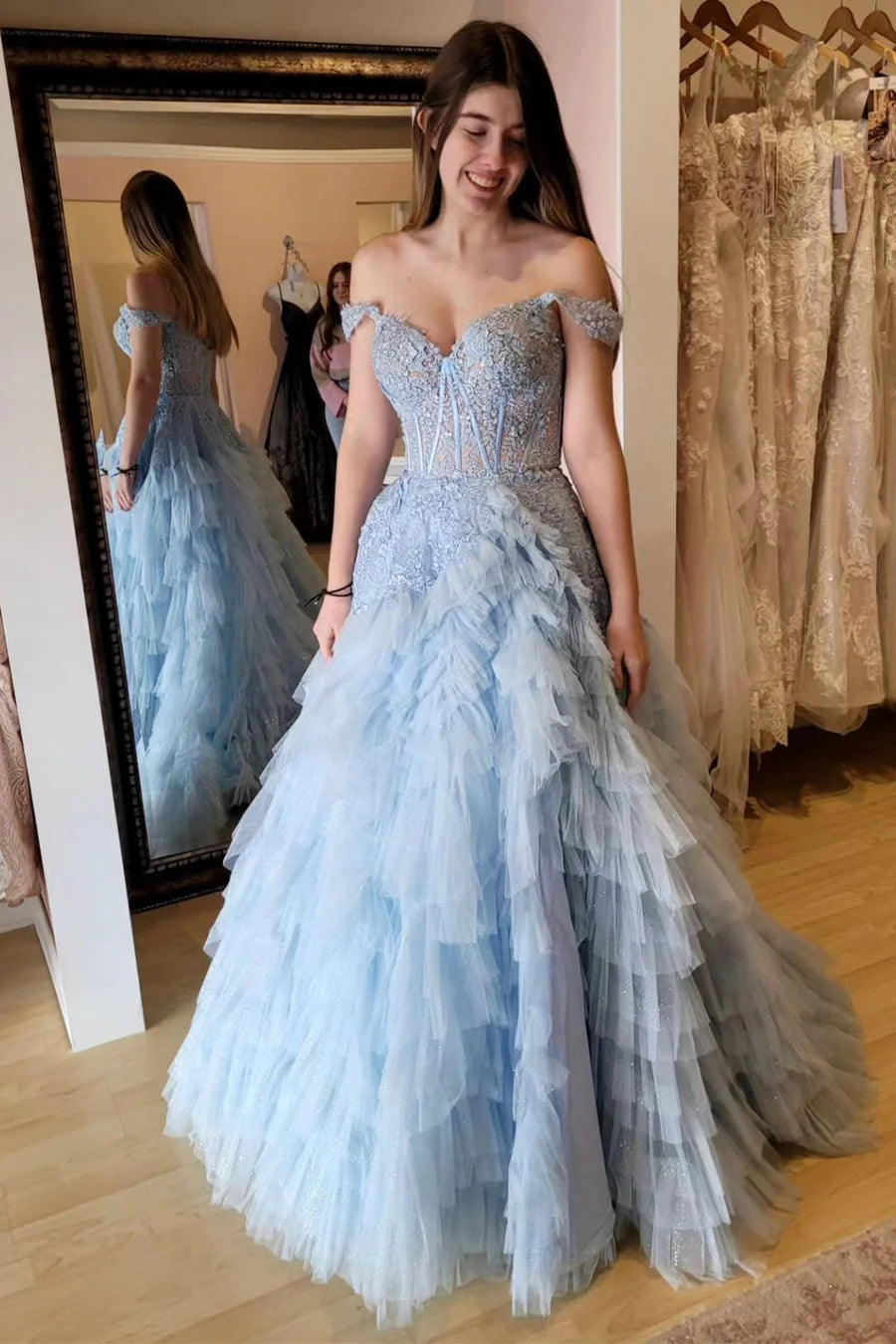 Decal off shoulder pleated layered long ball dress