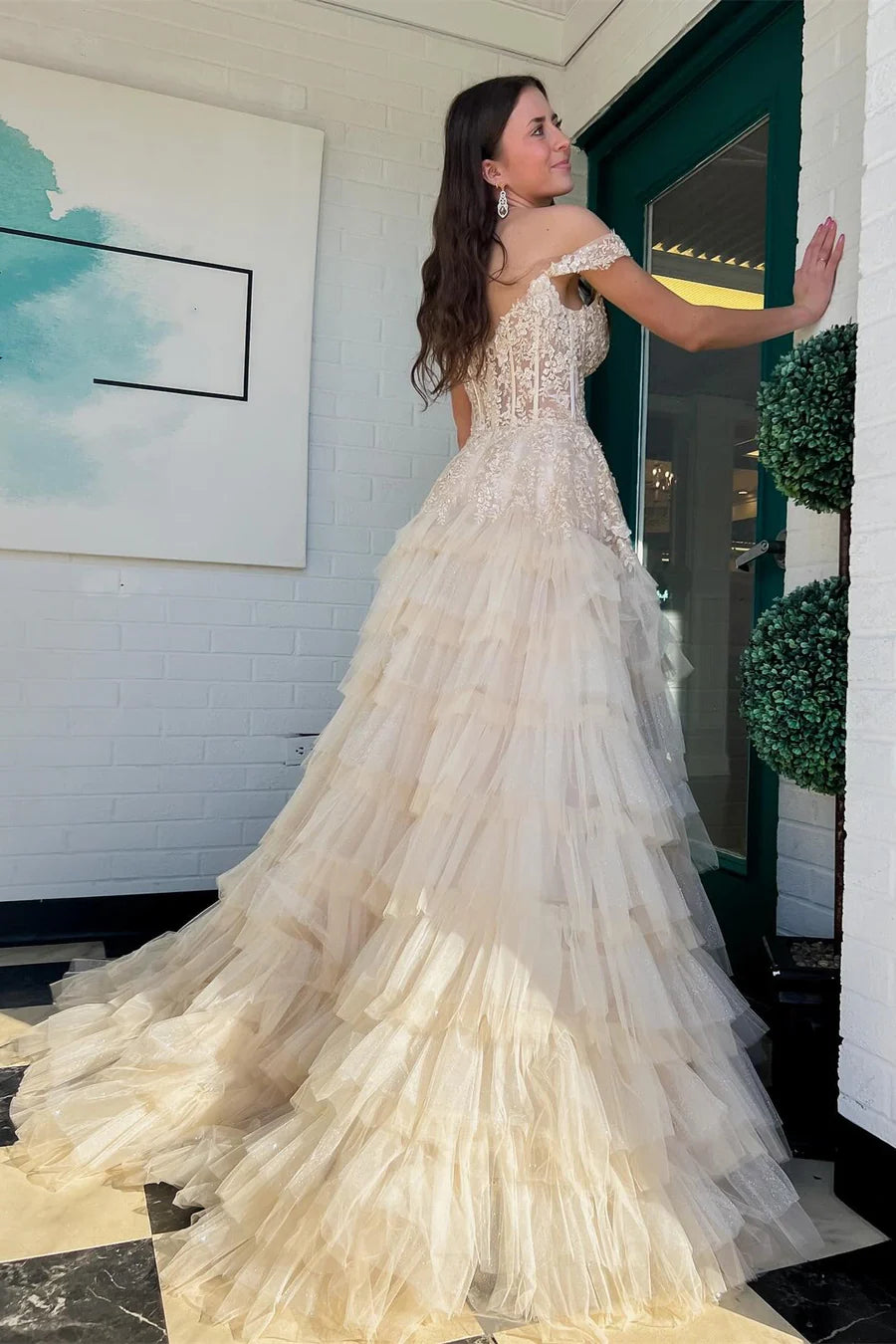 Decal off shoulder pleated layered long ball dress