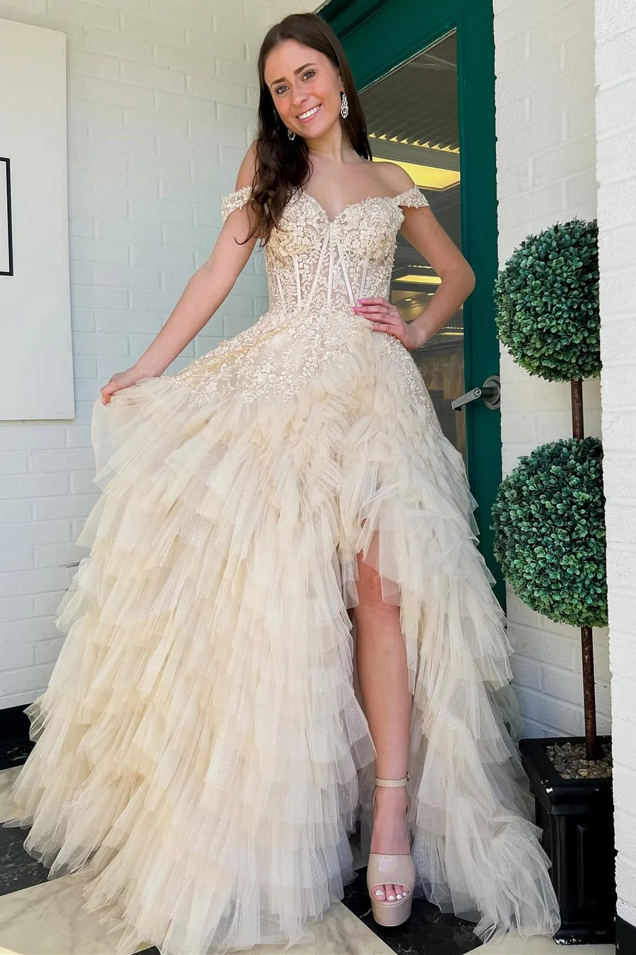 Decal off shoulder pleated layered long ball dress