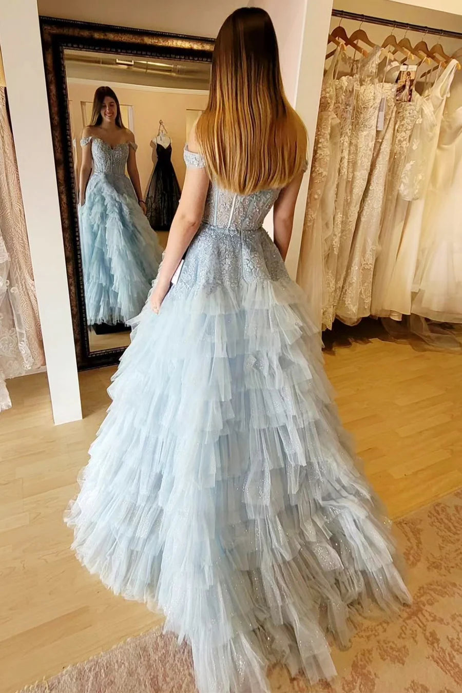 Decal off shoulder pleated layered long ball dress