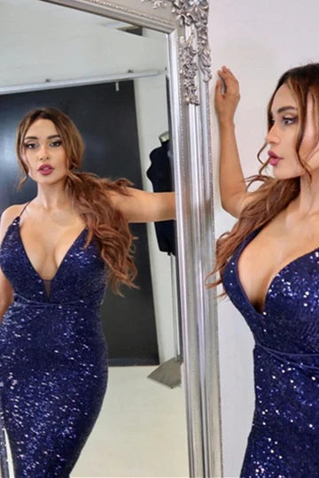 Deep V-Neck Navy Blue Sequin Mermaid Prom Dress with Crisscross Back