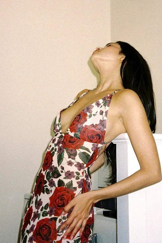 Deep V-Neck Red Rose Print Satin Maxi Prom Dress with Crisscross Back Tie