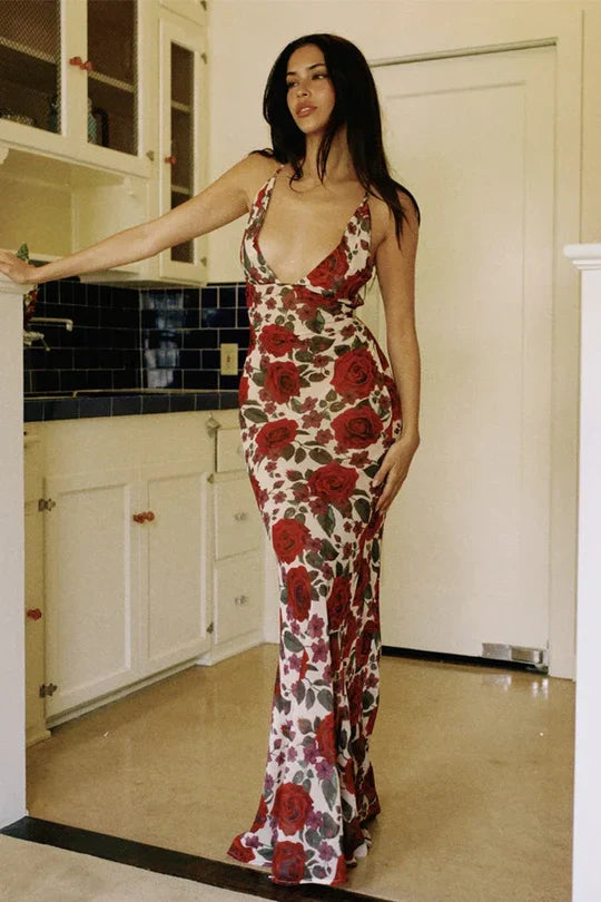 Deep V-Neck Red Rose Print Satin Maxi Prom Dress with Crisscross Back Tie