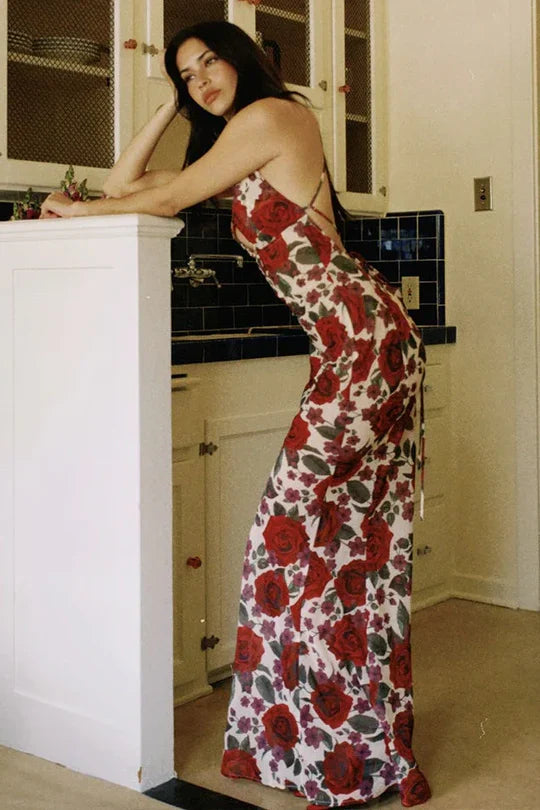 Deep V-Neck Red Rose Print Satin Maxi Prom Dress with Crisscross Back Tie