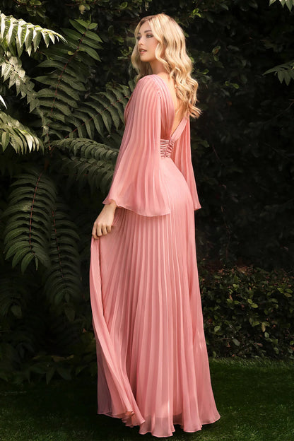 Deep V-fold long sleeved dress with waist cinching