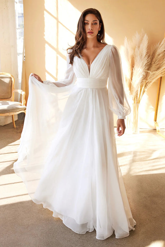 Deep V-long sleeved A-line backless dress
