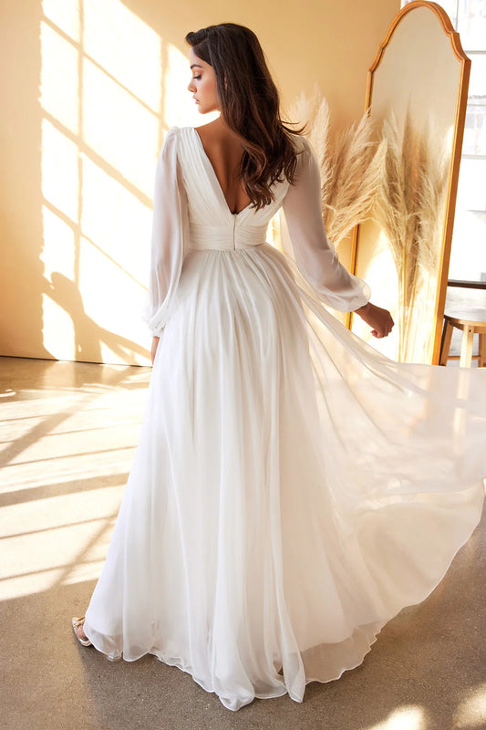 Deep V-long sleeved A-line backless dress