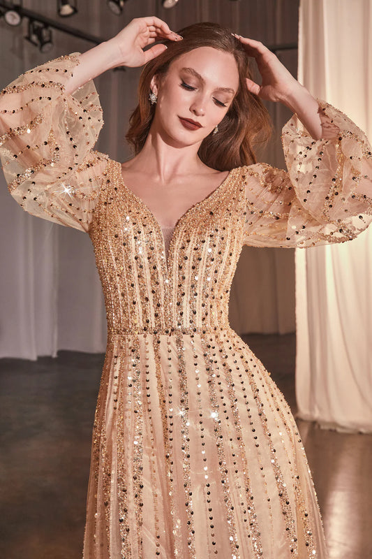 Deep V-long sleeved A-line dress with rhinestones