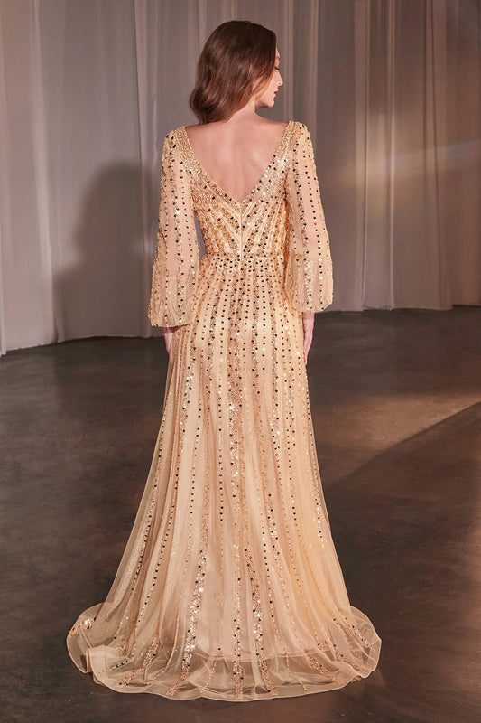 Deep V-long sleeved A-line dress with rhinestones