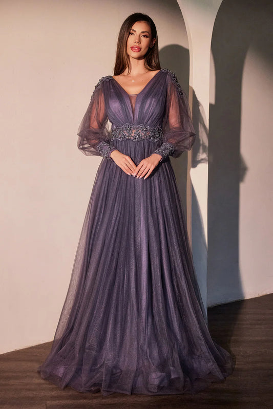 Deep V-neck chiffon long sleeved A-line dress