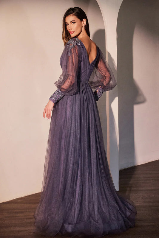 Deep V-neck chiffon long sleeved A-line dress