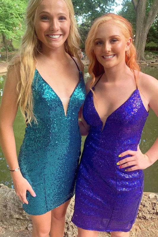 Deep V-neck mini party dress with tight sequins
