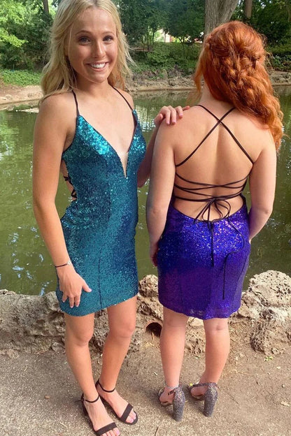 Deep V-neck mini party dress with tight sequins