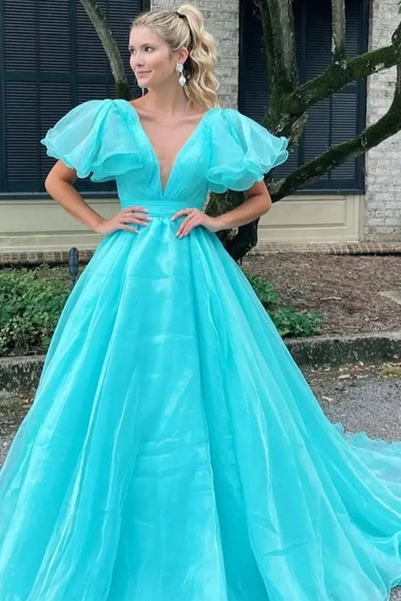 Deep V-pleated sleeve A-line long skirt