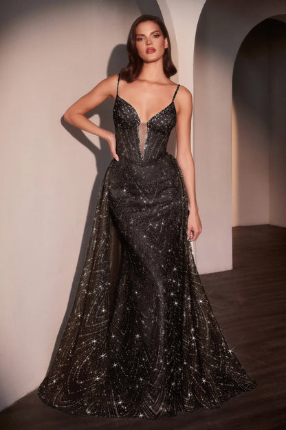 Deep V-thin suspender tight corset A-line dress with tail