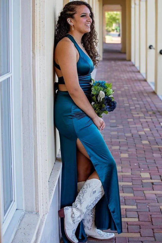 Deep V backless camisole tight long skirt with side slit
