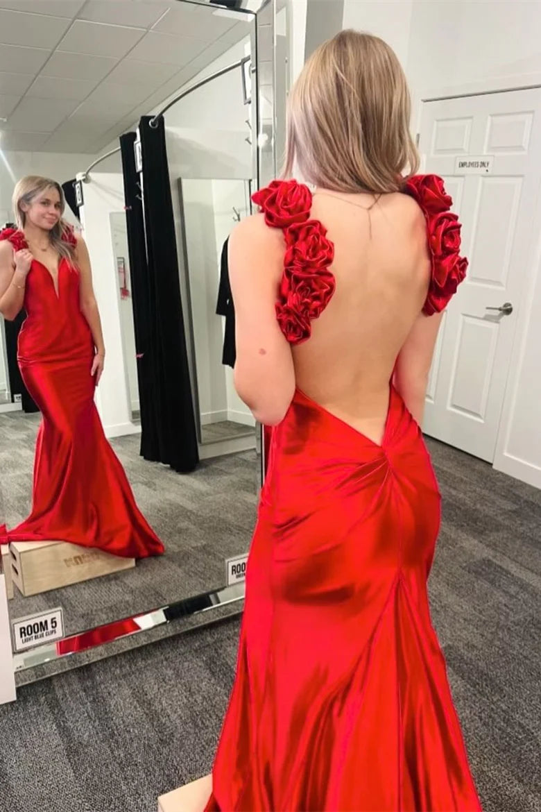 Deep V backless mermaid long dress with floral 3D design