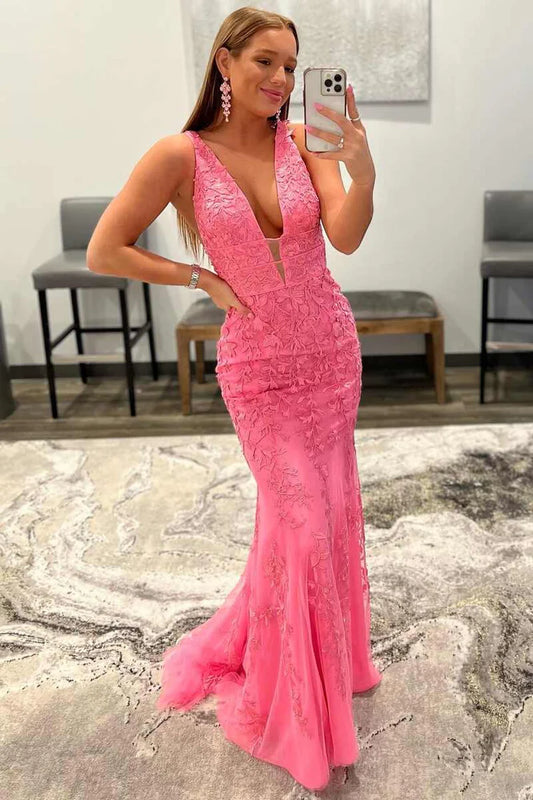 Deep V lace embroidered mermaid long ball dress
