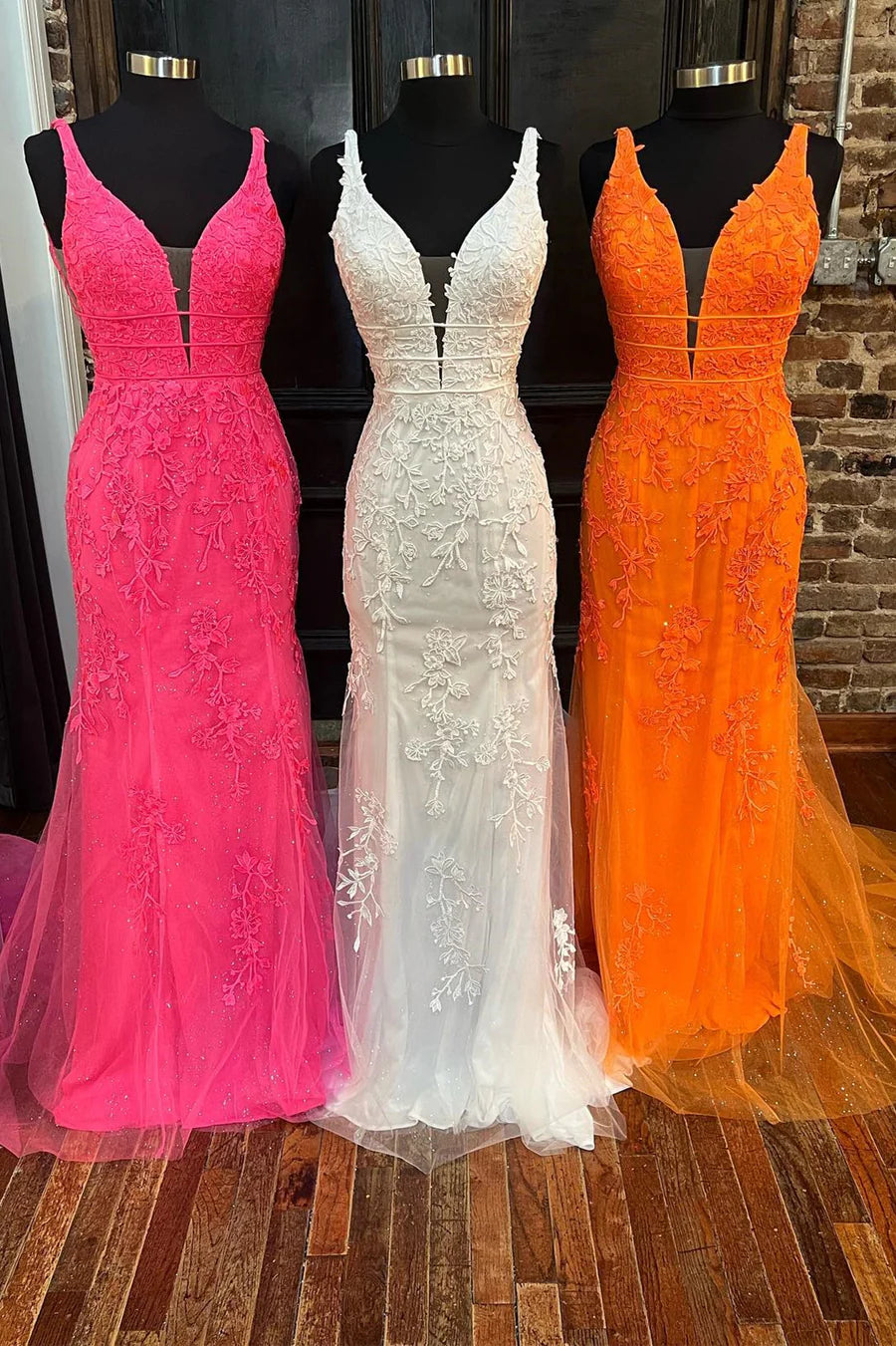 Deep V lace embroidered mermaid long ball dress