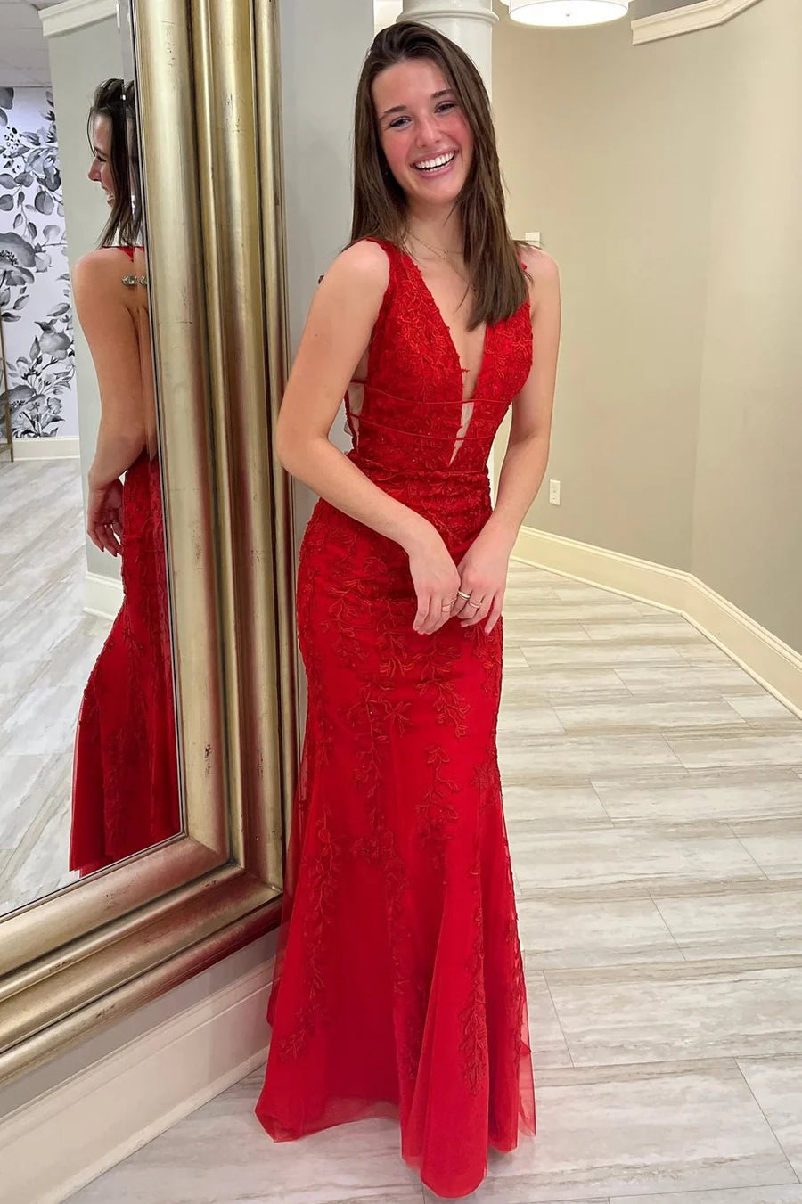 Deep V lace embroidered mermaid long ball dress