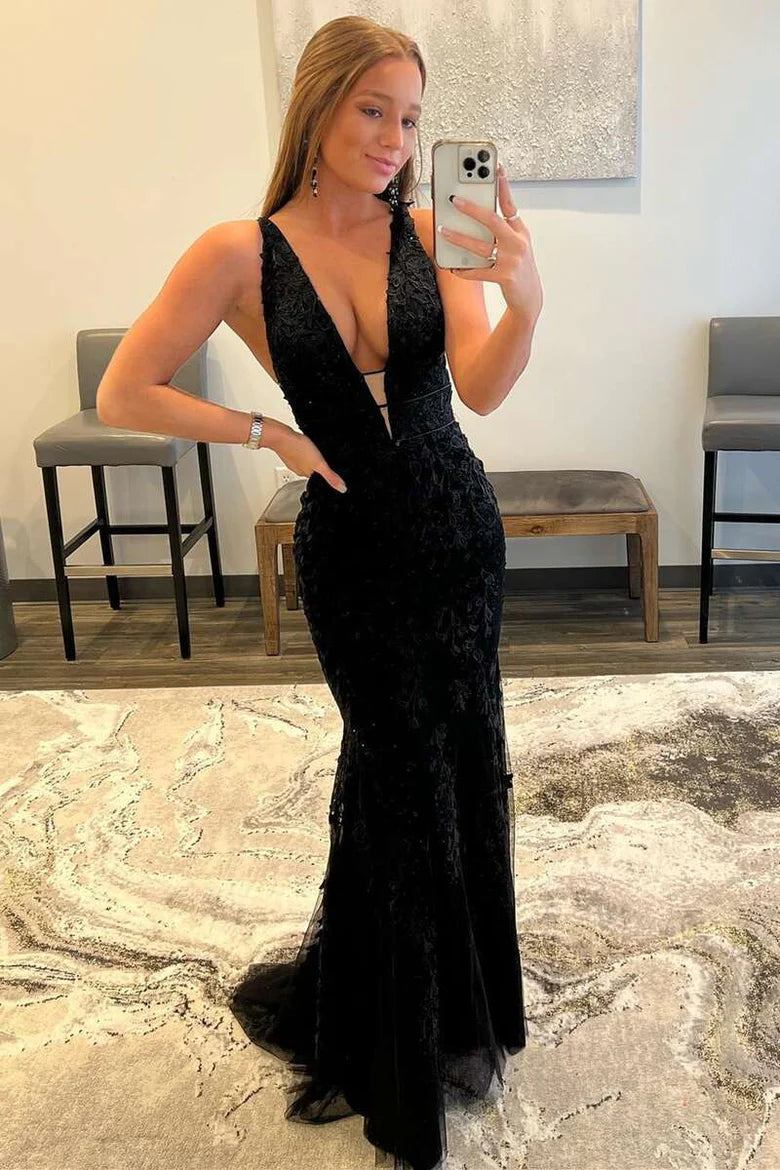 Deep V lace embroidered mermaid long ball dress