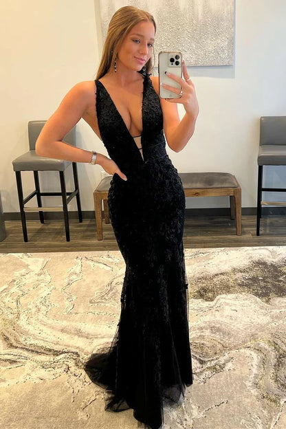 Deep V lace embroidered mermaid long ball dress