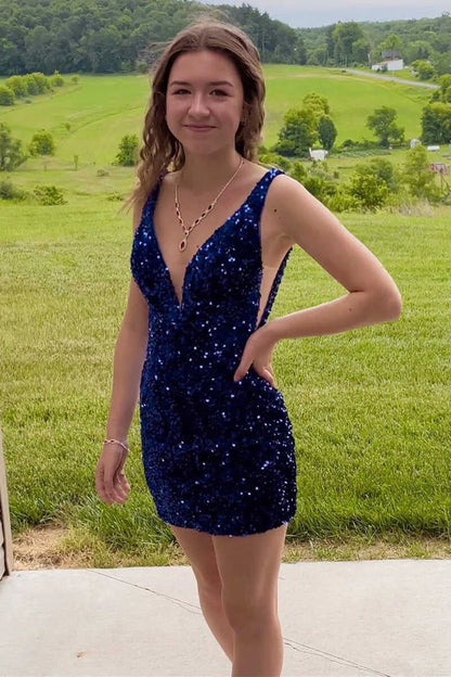 Deep V backless sequined mini back to school dress