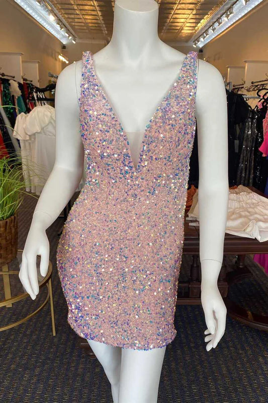 Deep V backless sequined mini back to school dress