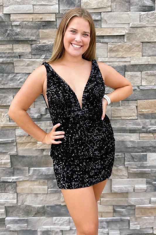 Deep V backless sequined mini back to school dress