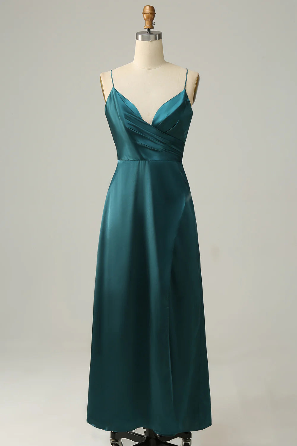 Deep green A-line thin suspender backless bridesmaid dress