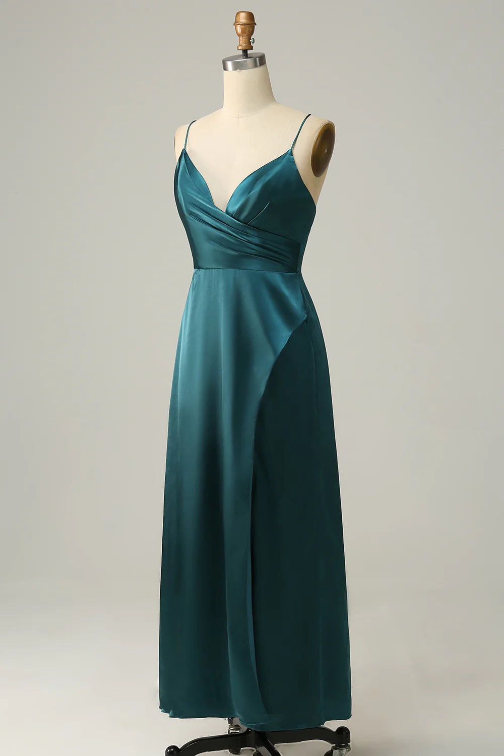 Deep green A-line thin suspender backless bridesmaid dress