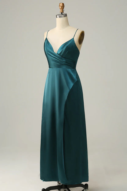 Deep green A-line thin suspender backless bridesmaid dress