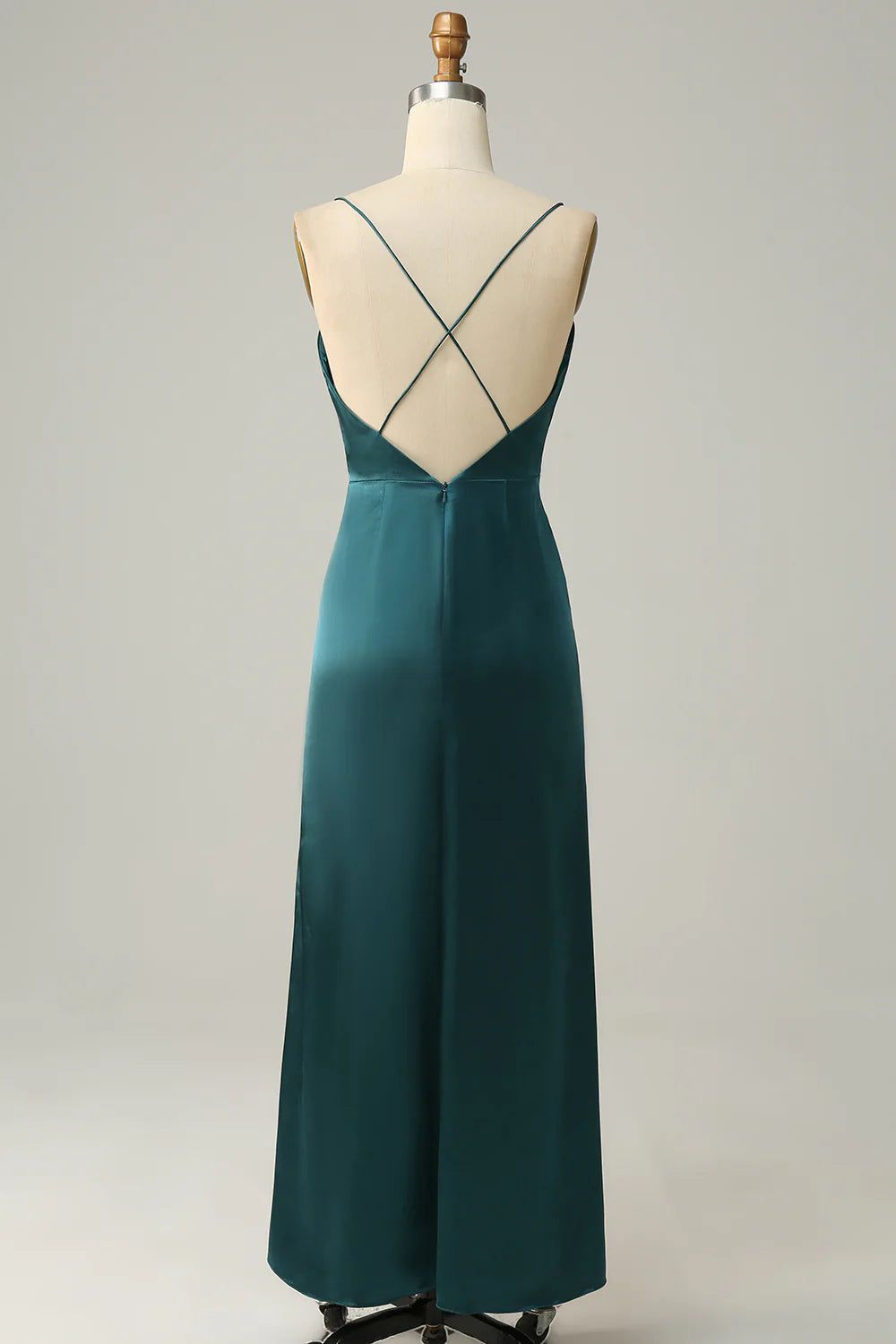 Deep green A-line thin suspender backless bridesmaid dress