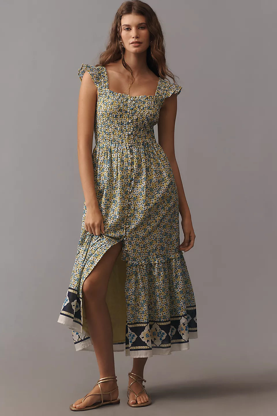 Ditsy Floral Smocked Tiered Midi Evening Dresses with Border Print