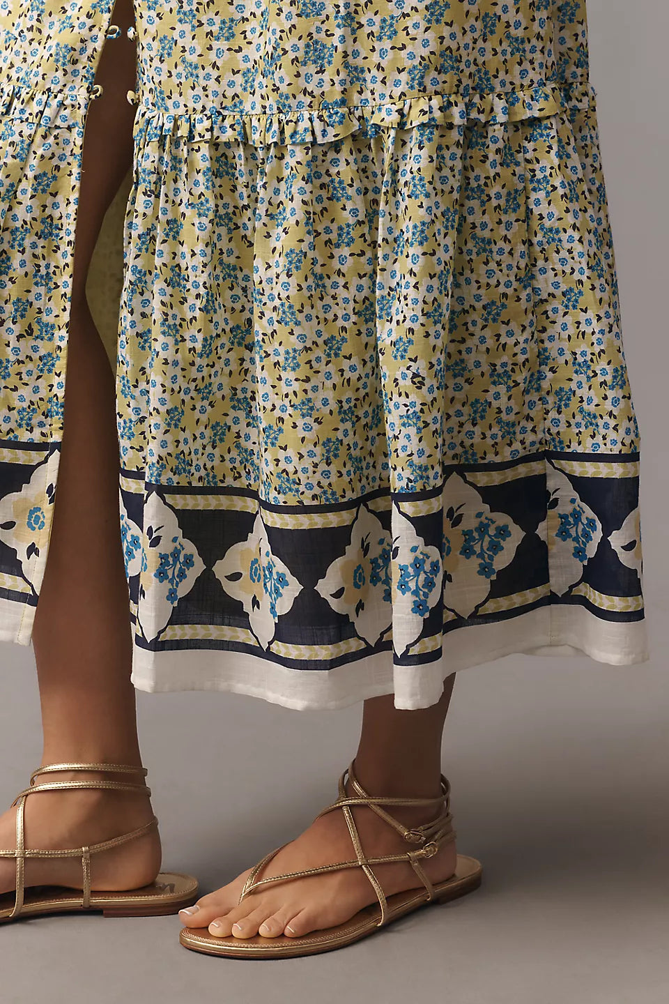 Ditsy Floral Smocked Tiered Midi Evening Dresses with Border Print