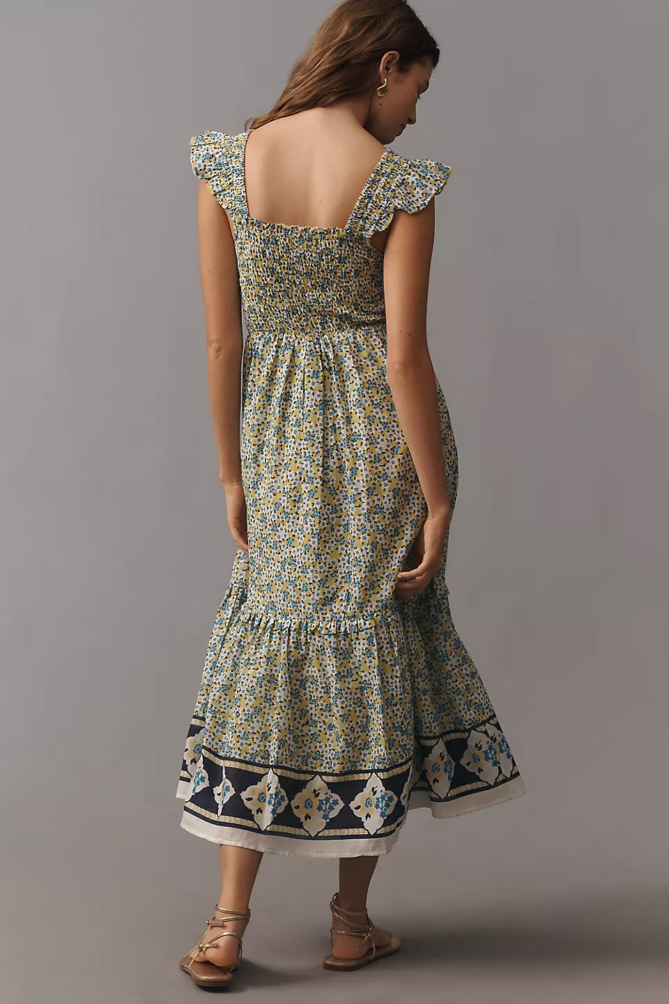 Ditsy Floral Smocked Tiered Midi Evening Dresses with Border Print