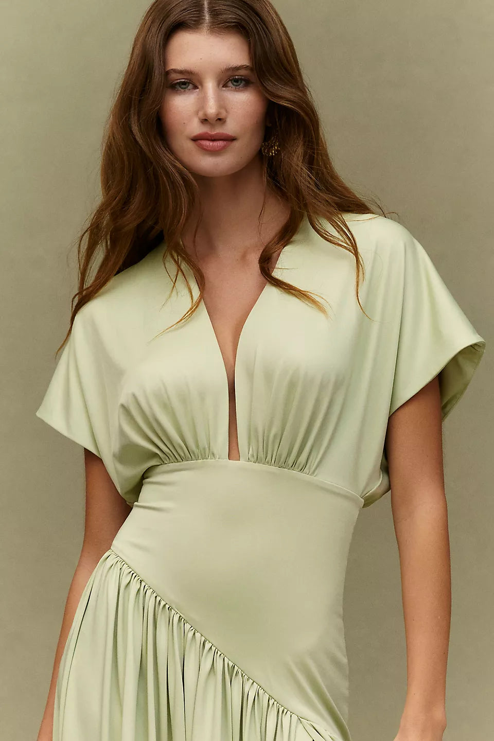 Dolman Sleeve V-neck Satin Maxi Evening Dress with High Slit