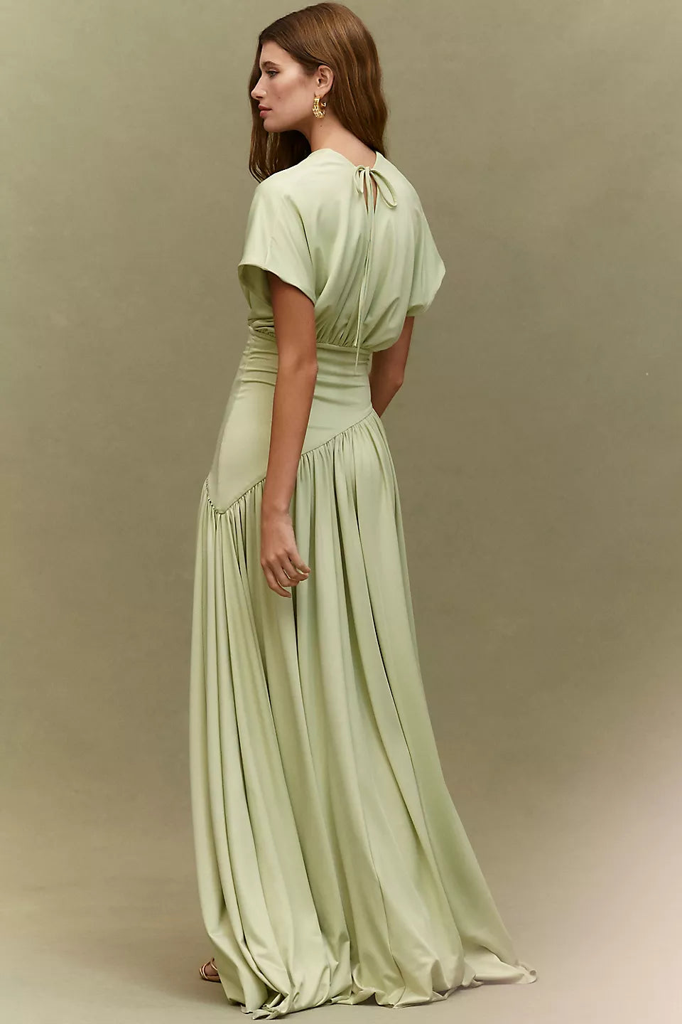 Dolman Sleeve V-neck Satin Maxi Evening Dress with High Slit