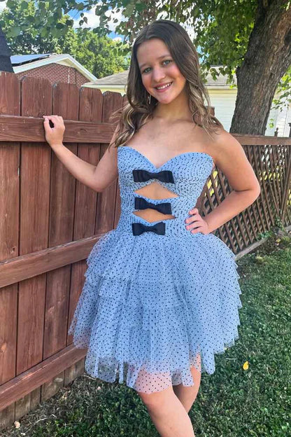 Dot Tulle Ruffle Homecoming Dress with Bow