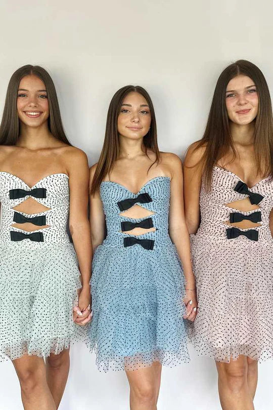 Dot Tulle Ruffle Homecoming Dress with Bow