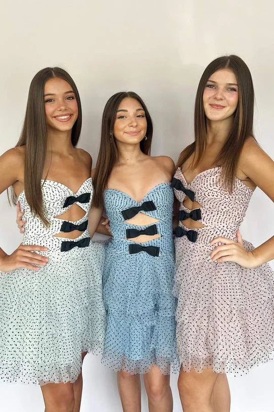 Dot Tulle Ruffle Homecoming Dress with Bow