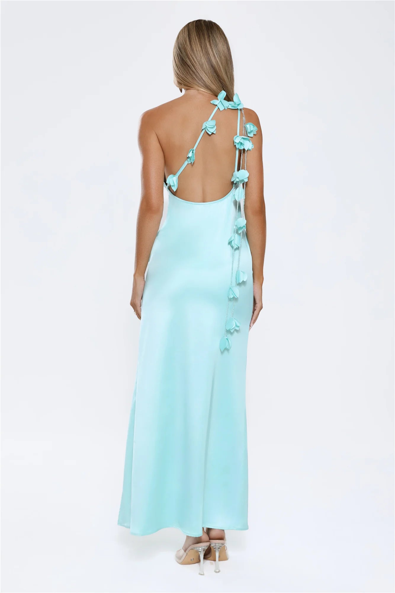 Dreamy Aqua Satin One-Shoulder Maxi Dress with 3D Floral Appliqué Straps, Open Back, High Thigh Slit and Floor-Length Silhouette