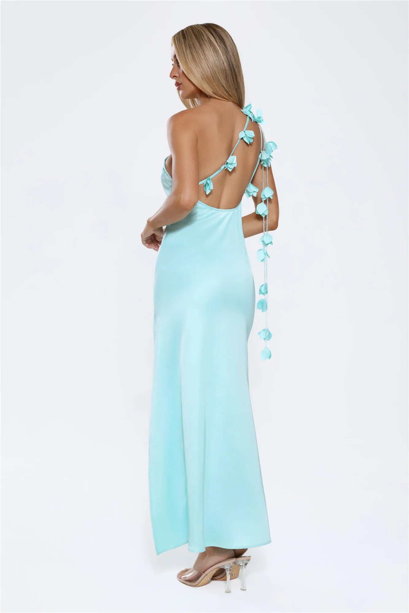 Dreamy Aqua Satin One-Shoulder Maxi Dress with 3D Floral Appliqué Straps, Open Back, High Thigh Slit and Floor-Length Silhouette