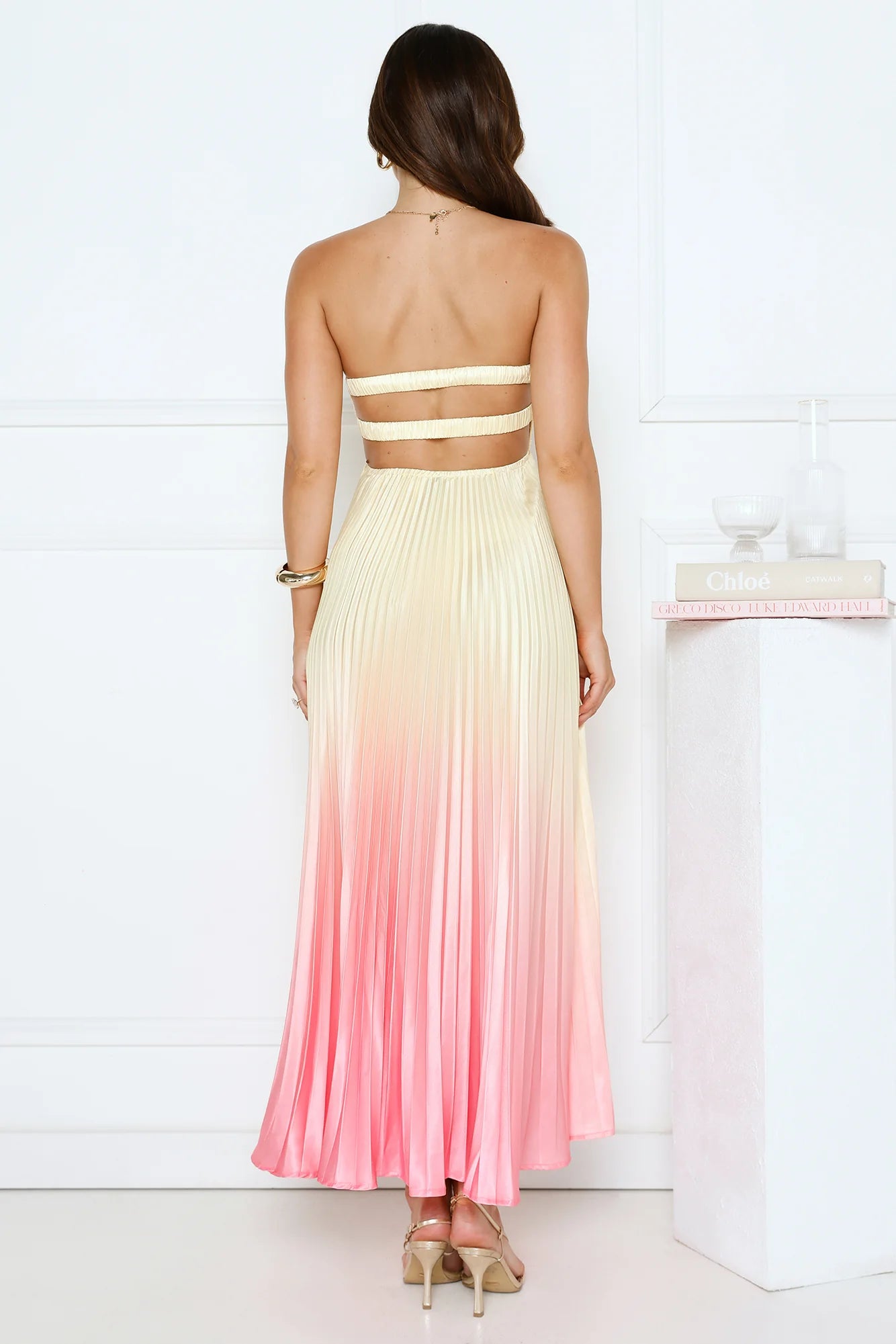 Dreamy Cream-to-Pink Ombre Pleated Maxi Dress with Strapless Twisted Bust, Front Cutout, Double Strap Open Back and Flowy Satin Skirt